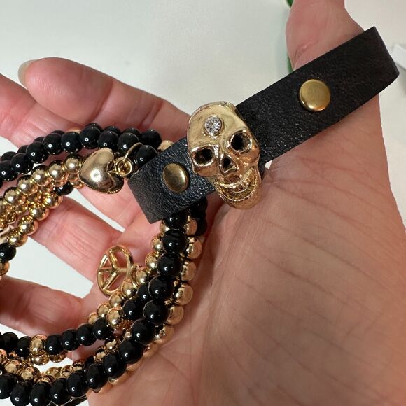 NWOT Macy's Black & Gold Multilayer Skull Heart Peace Bead Leather Wrap Bracelet - Picture 4 of 9